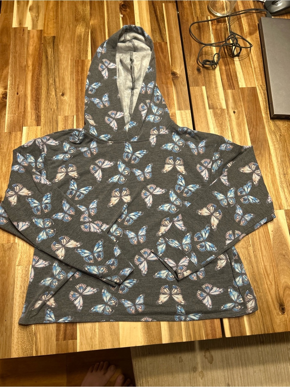 Girls Butterfly Print Hoodie Gray Blue Size Large 10/12